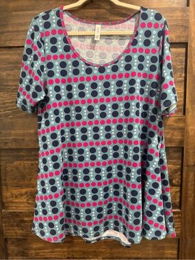 LuLaRoe Short Sleeve Scoop Neck Top - Teal, Navy & Pink Dot Print Size Large